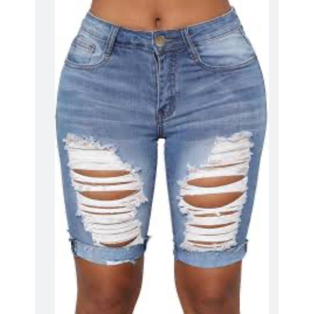 Wax Jeans Women Light Blue Stretch Distressed Bermuda Shorts Size 3XL